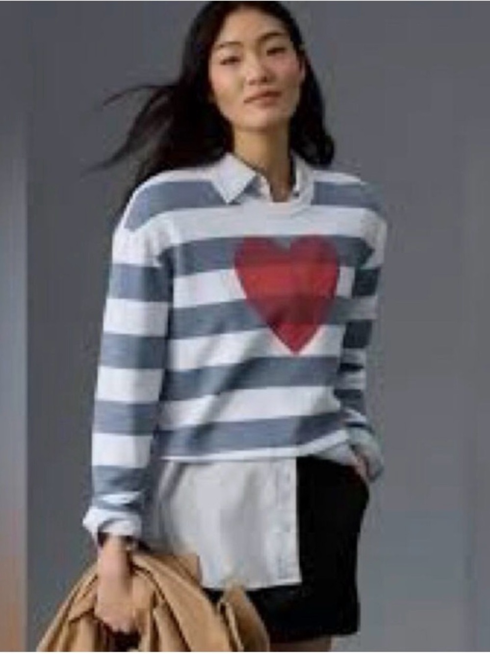 Sundry Gray & White Striped Sweatshirt with Red Heart